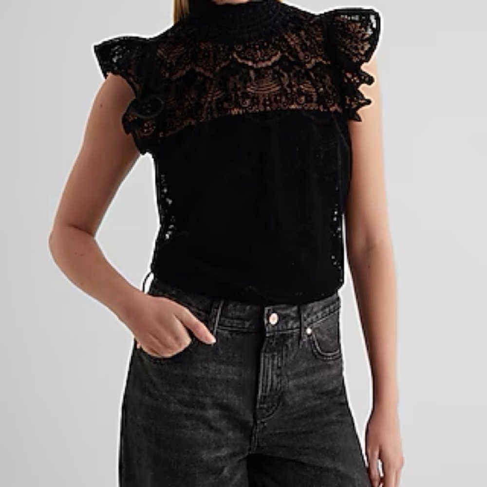 Express Velvet Lace Ruffle Mock Neck Flutter Sleeve Gramercy Tee